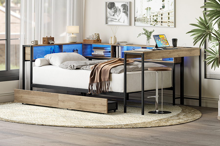 4599-1-3DU Study Metal Bed Frame with L-Shaped Desk