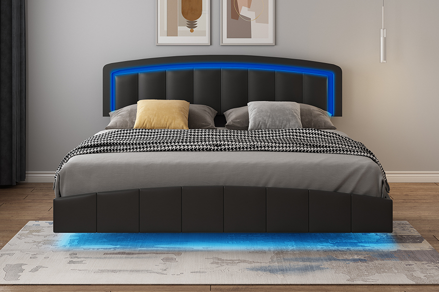 4468-1 LED Upholstered Floating Bed Frame