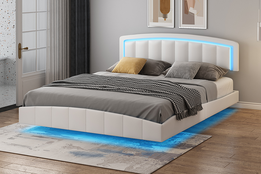 4468-1 LED Upholstered Floating Bed Frame