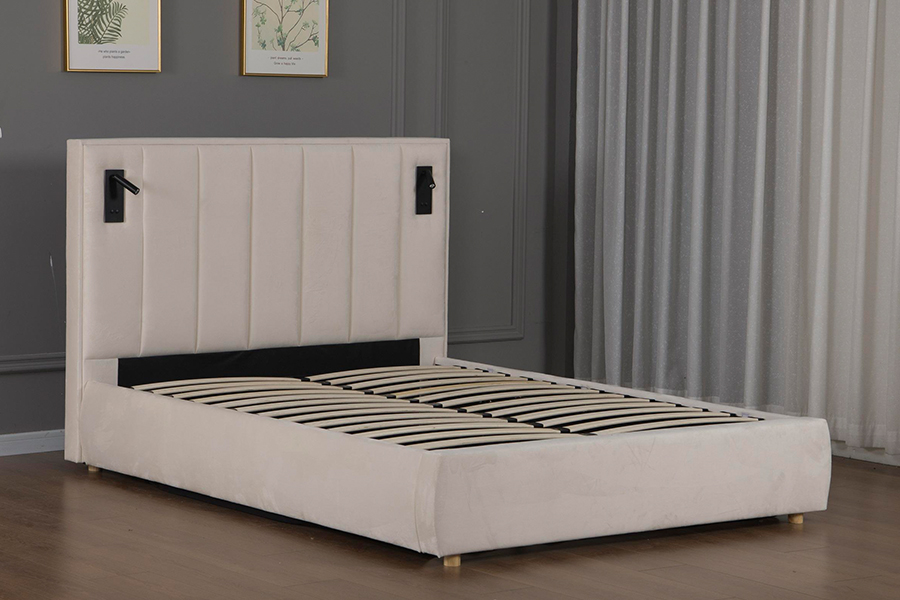 5033-1G Hydraulic Storage Modern Soft Beige Velvet  LED Upholstered Bed Frame