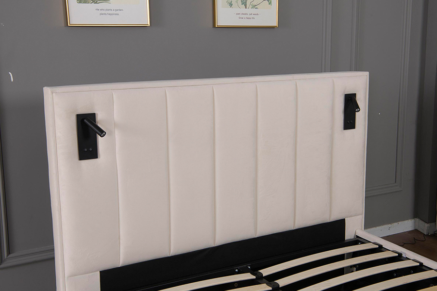 5033-1G Hydraulic Storage Modern Soft Beige Velvet  LED Upholstered Bed Frame
