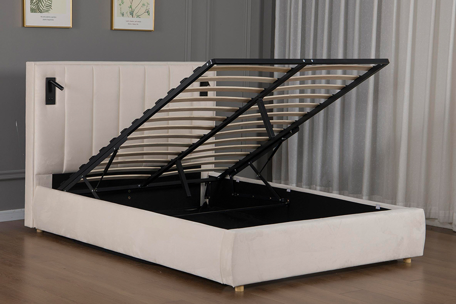 5033-1G Hydraulic Storage Modern Soft Beige Velvet  LED Upholstered Bed Frame