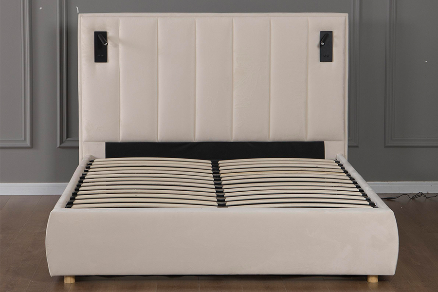 5033-1G Hydraulic Storage Modern Soft Beige Velvet  LED Upholstered Bed Frame