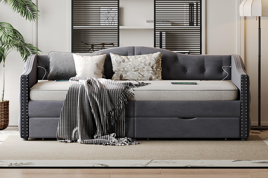 N13 European modern gray velvet cushion Storage Sofa bed