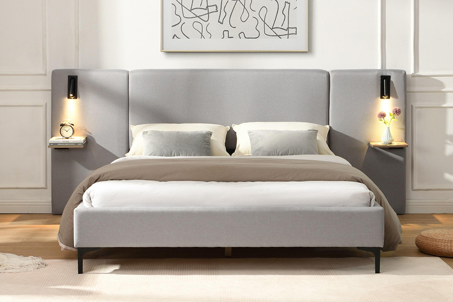 N1 Dark Gray Durable Fabric Sturdy Slat LED Upholstered Bed Frame