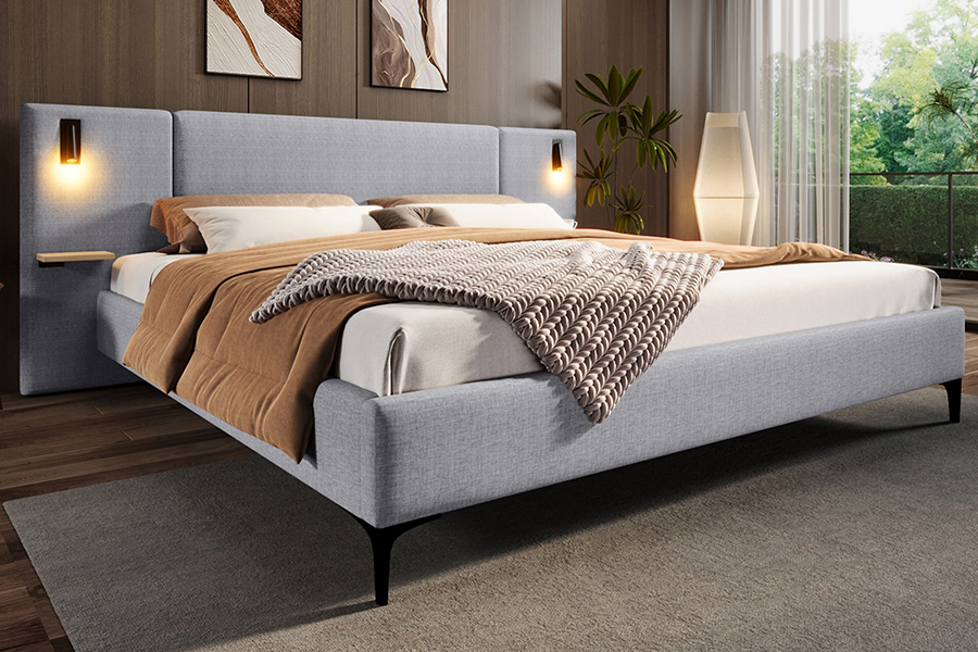 N1 Dark Gray Durable Fabric Sturdy Slat LED Upholstered Bed Frame