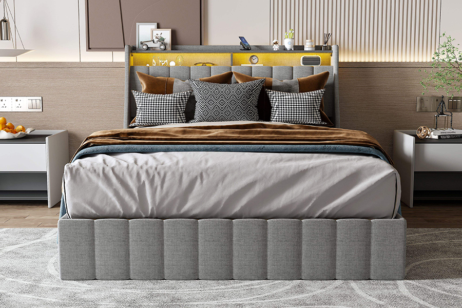N2 Grey Fabric Bed Eco-Friendly Materials LED Upholstered Bed Frame