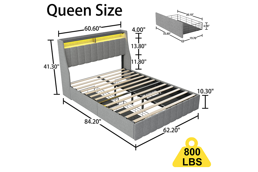N2 Grey Fabric Bed Eco-Friendly Materials LED Upholstered Bed Frame
