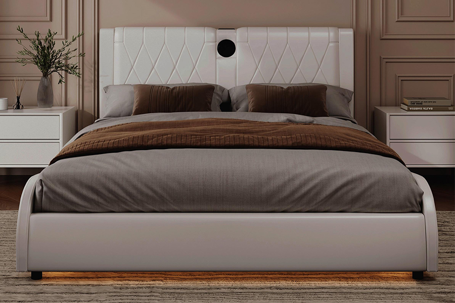 N8 Adjustable Platform Bed Modern White Soft Bed LED Upholstered Bed Frame