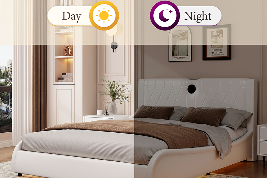 N8 Adjustable Platform Bed Modern White Soft Bed LED Upholstered Bed Frame