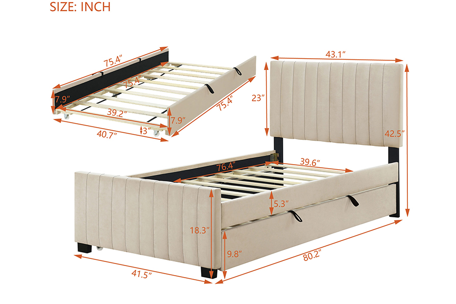 N9 Durable Eco-Friendly Trundle Bunk Upholstered Bed Frame