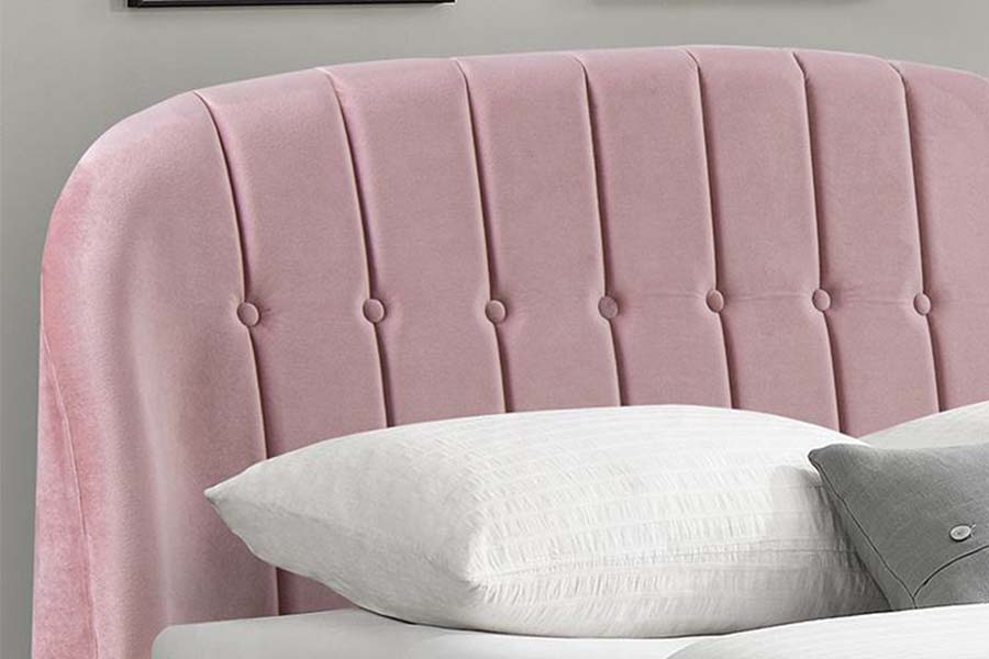 1598 Pink Velvet Fabric with Wooden Panel Upholstered Bed