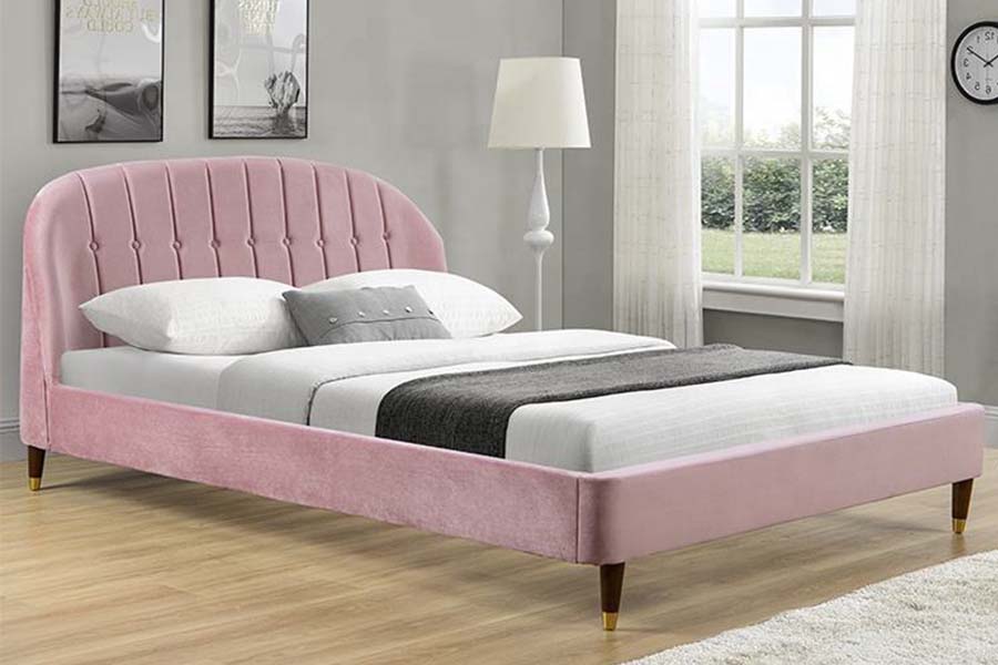 1598 Pink Velvet Fabric with Wooden Panel Upholstered Bed