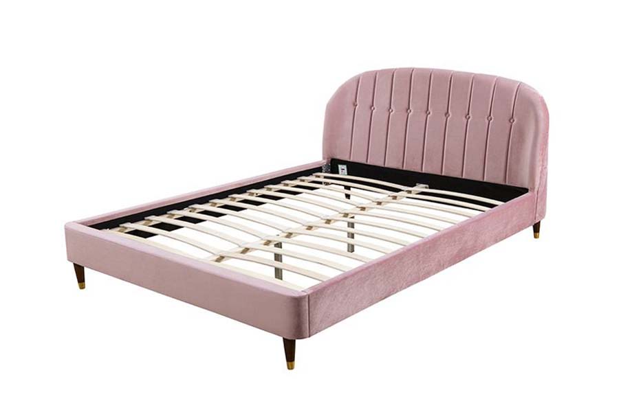 1598 Pink Velvet Fabric with Wooden Panel Upholstered Bed