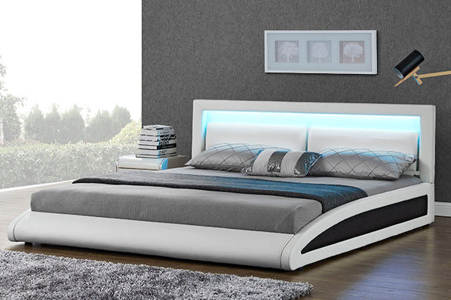 1118-1-2 Curved European Faux Leather Smart LED Bed Frame