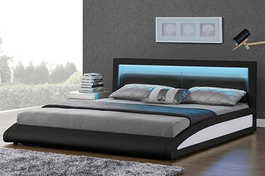 1118-1-2 Curved European Faux Leather Smart LED Bed Frame