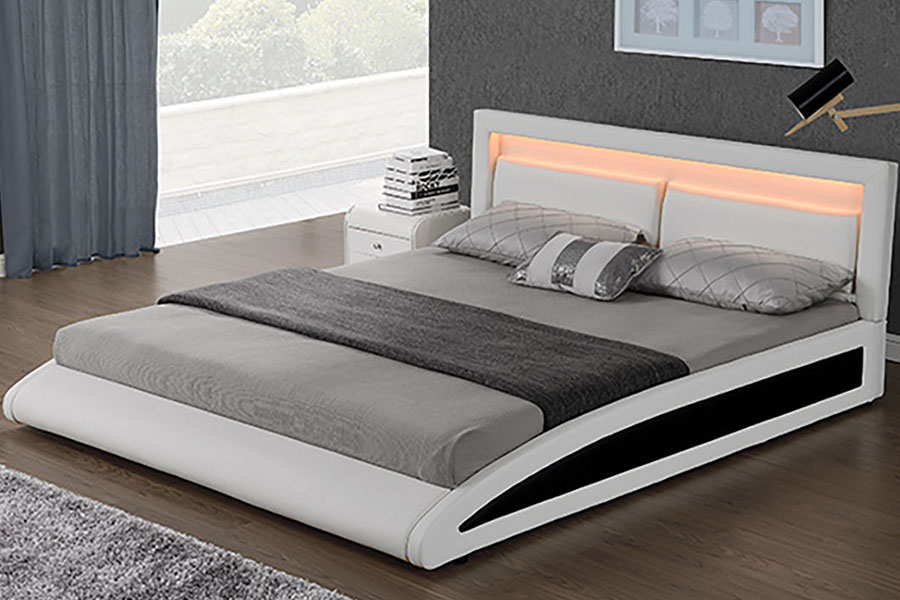 1118-1-2 Curved European Faux Leather Smart LED Bed Frame