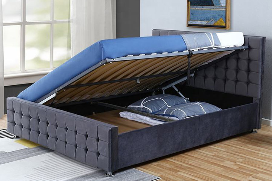 1354G Velvet Tufted Panel Solid-Wood King Ottoman Storage Bed Frame