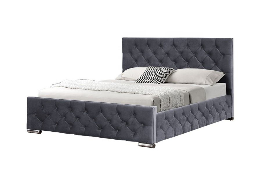 1253G Diamond-Tufted Grey Fabric Chrome-Leg Hydraulic Storage Bed Frame