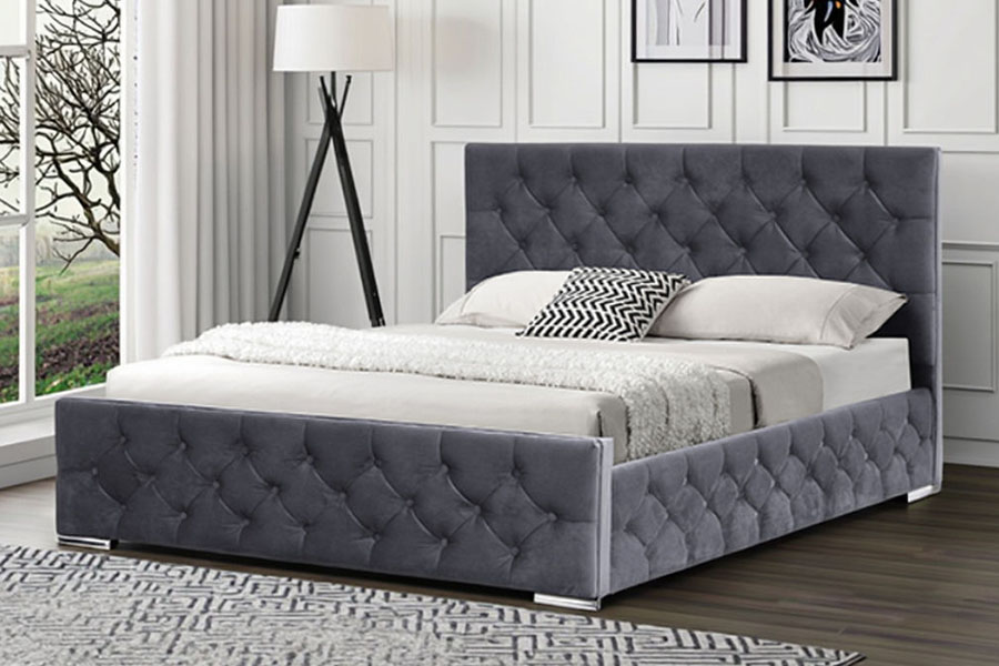 1253G Diamond-Tufted Grey Fabric Chrome-Leg Hydraulic Storage Bed Frame