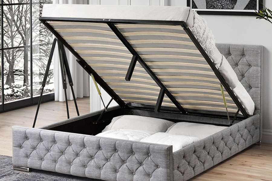 1253G Diamond-Tufted Grey Fabric Chrome-Leg Hydraulic Storage Bed Frame