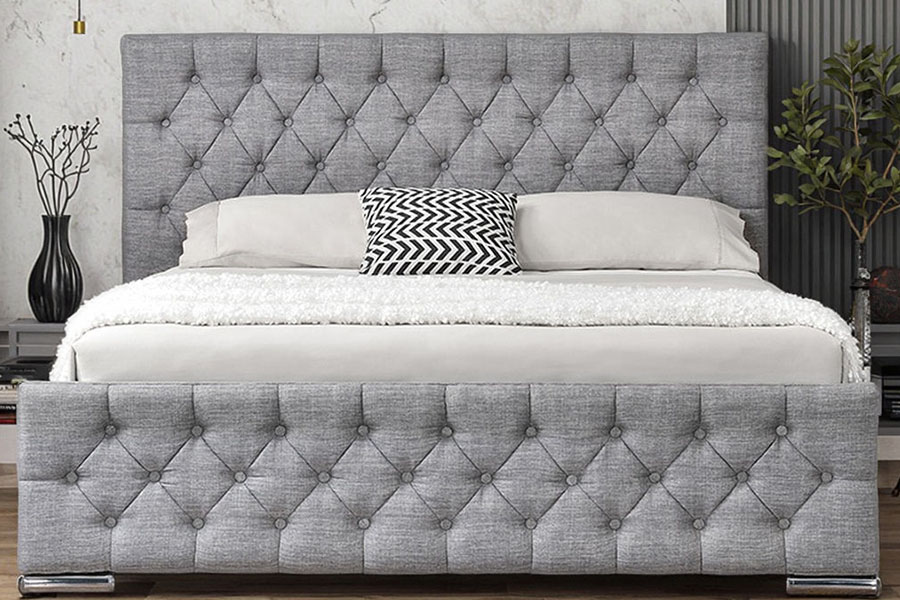 1253G Diamond-Tufted Grey Fabric Chrome-Leg Hydraulic Storage Bed Frame